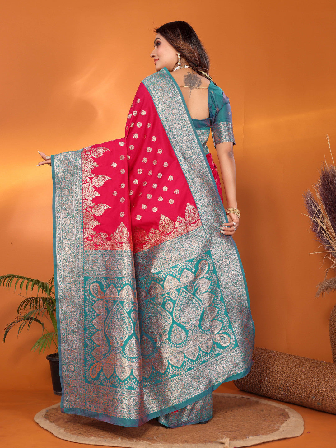 Rani pink traditional banarasi silk saree with zari weaving work