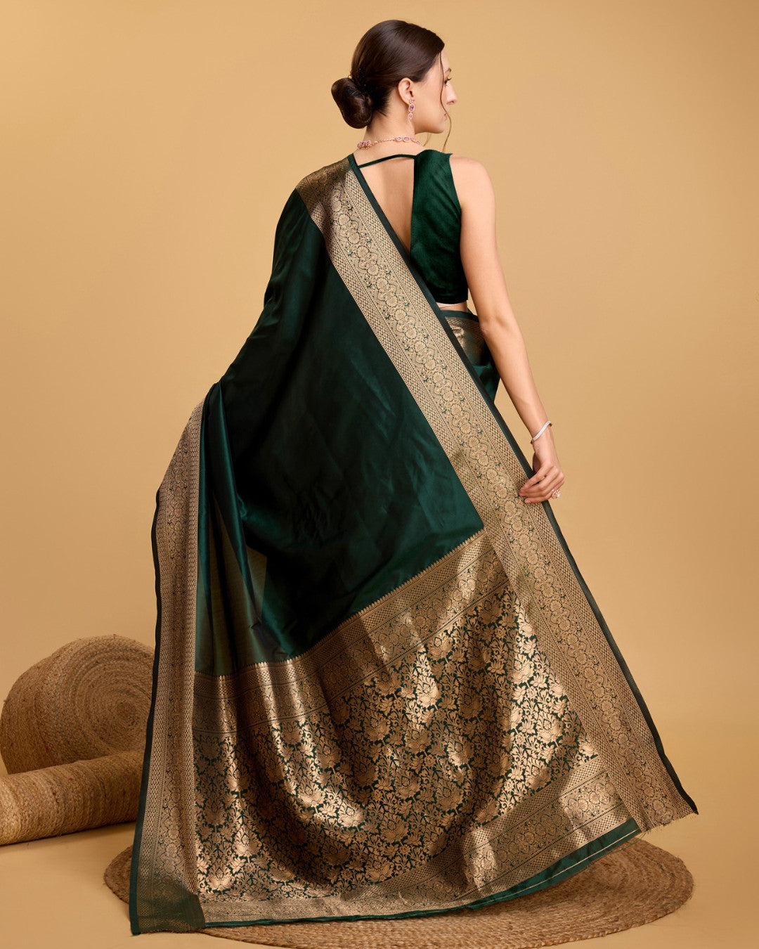Dark green color soft kanchipuram silk saree with zari weaving work