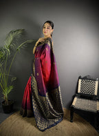 Pink color banarasi silk saree with zari weaving work