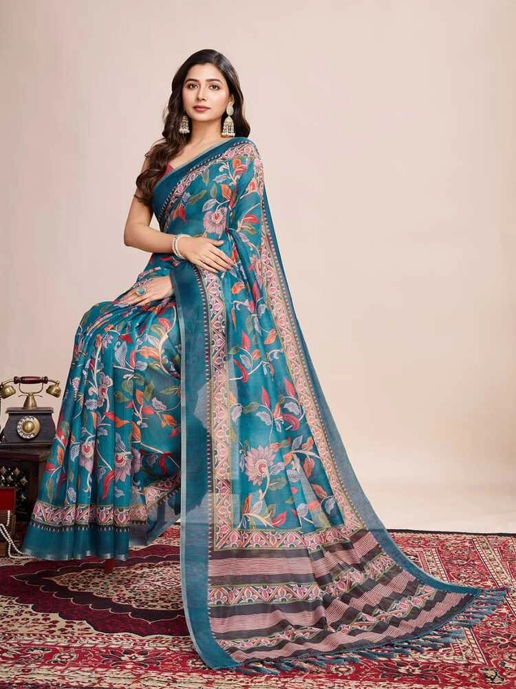 Rama green soft linen cotton saree with kalamkari digital printed work