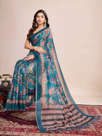 Rama green soft linen cotton saree with kalamkari digital printed work