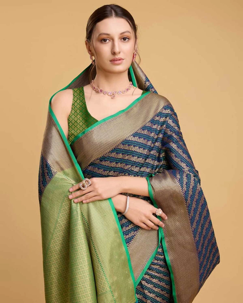 Navy blue color kanchipuram silk saree with zari woven work