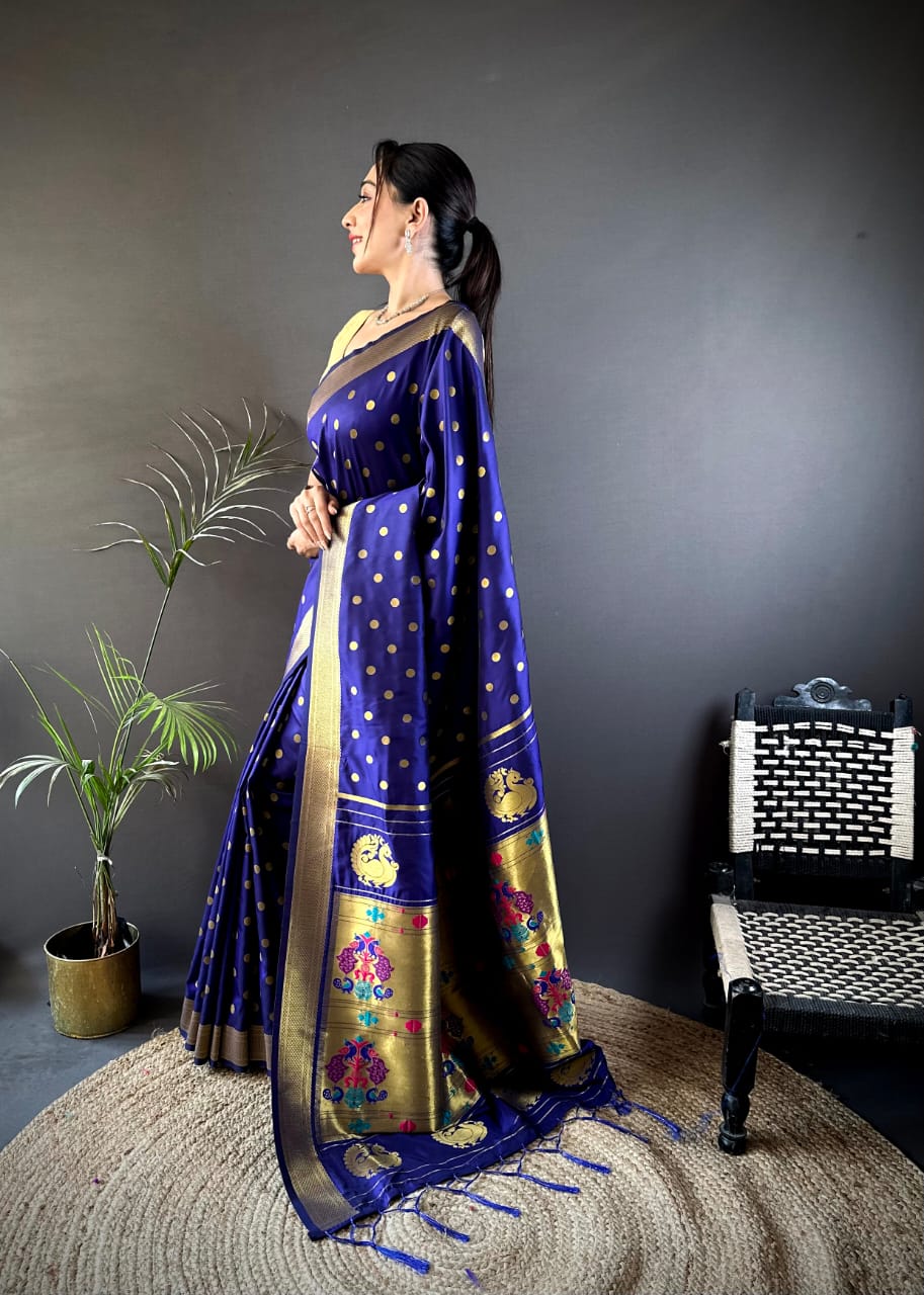 Navy blue traditional paithani silk saree with zari weaving work