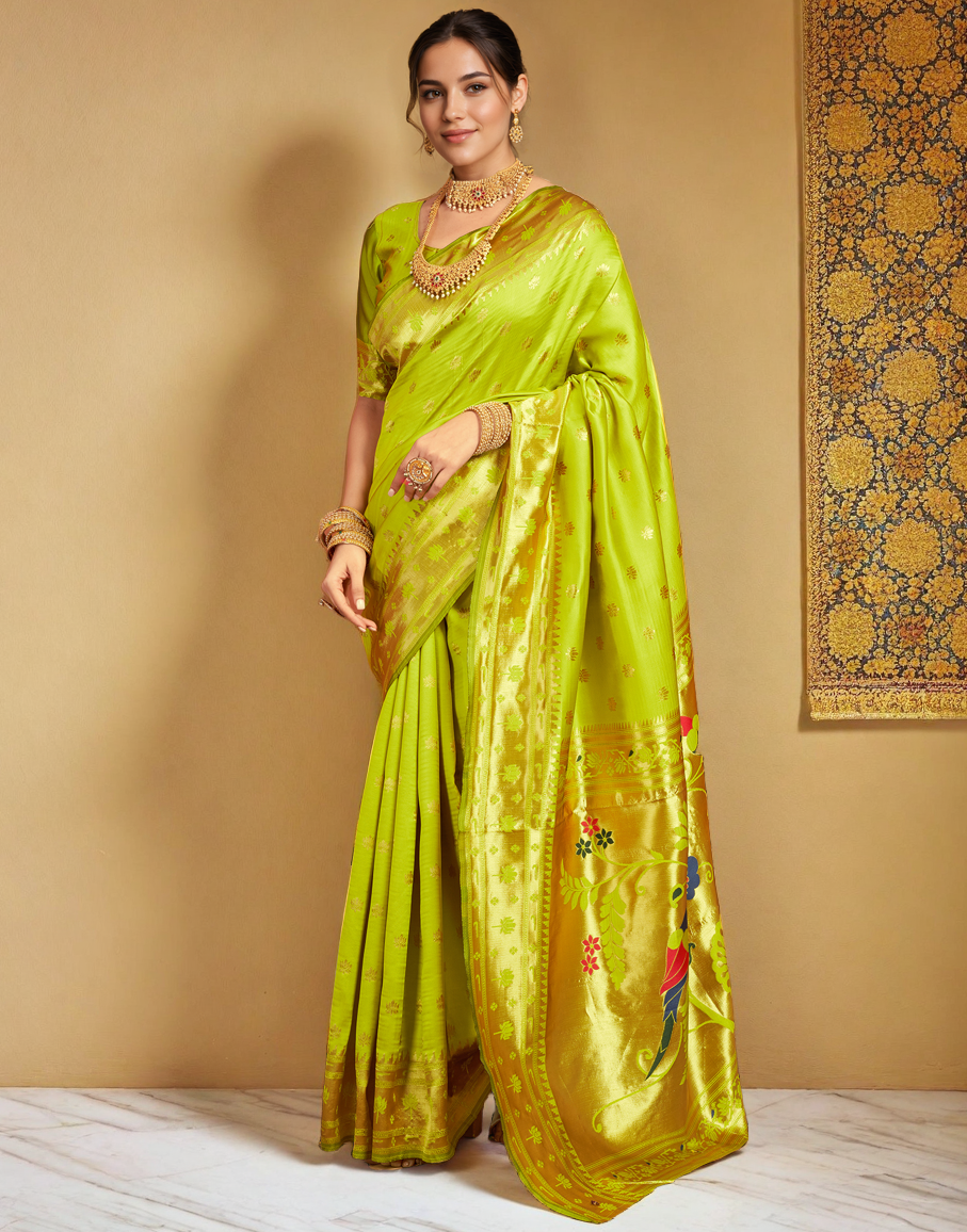 Traditional parrot green paithani silk saree with zari weaving work