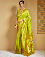 Traditional parrot green paithani silk saree with zari weaving work