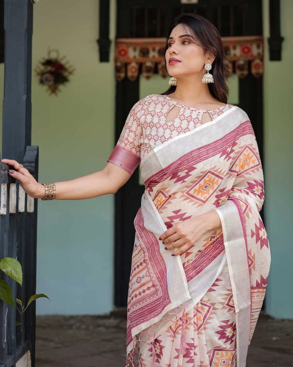 Multi summer special digital printed linen cotton saree