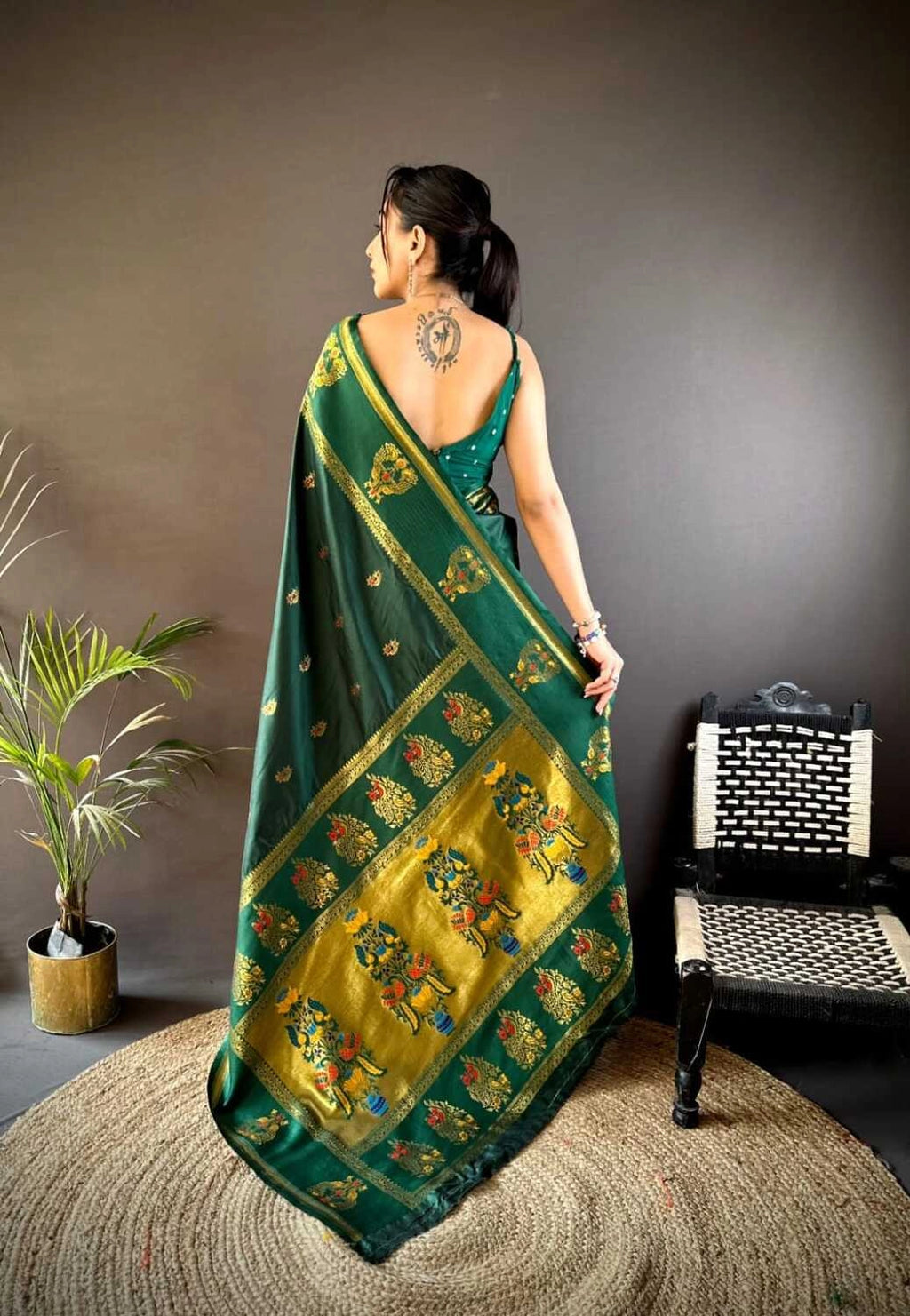 Green traditional paithani silk saree with meenakari zari weaving work