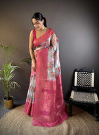 Fancy Pink linen silk saree with digital printed work