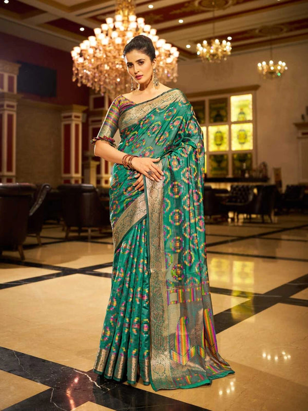Rama green soft organza silk saree with zari weaving work
