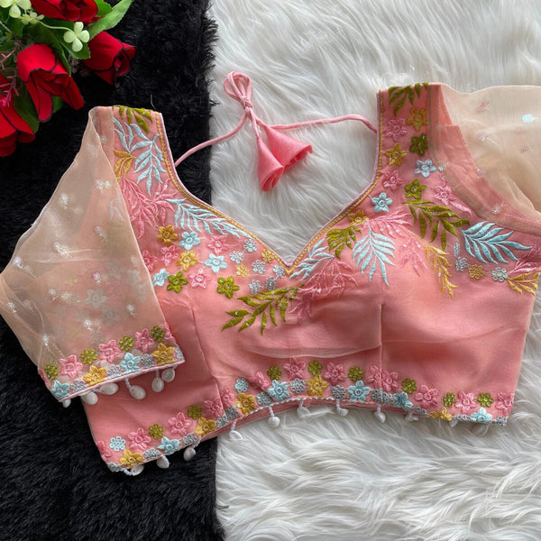 Peach fancy heavy net readymade blouse with embroidery work