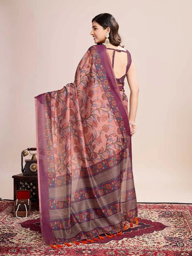 Multi soft linen cotton saree with kalamkari printed work