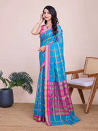 Sky blue kota doriya saree with zari weaving work