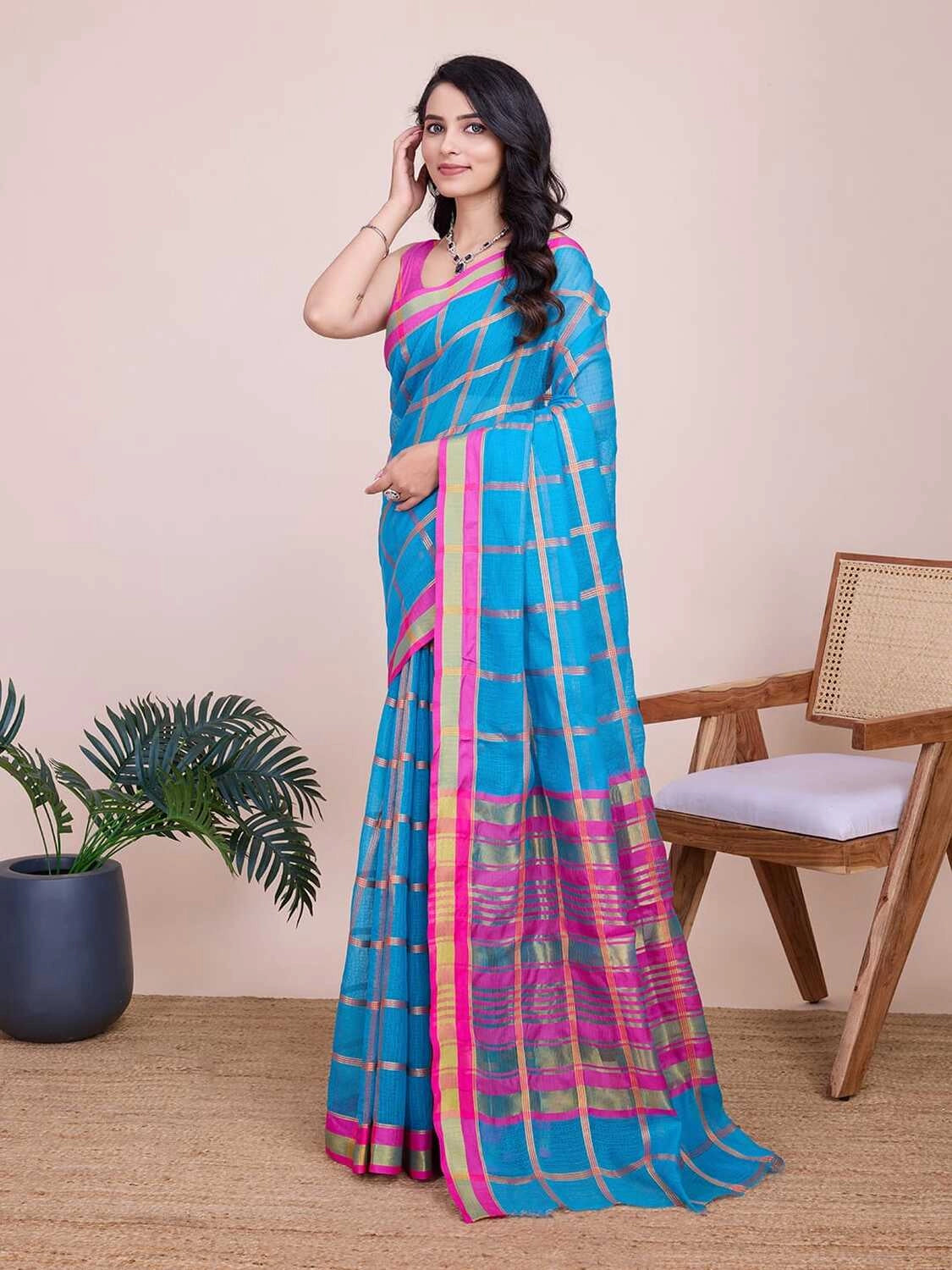 Sky blue kota doriya saree with zari weaving work