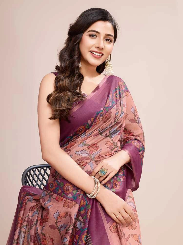 Multi soft linen cotton saree with kalamkari printed work