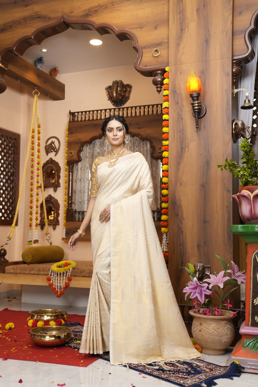 Off white color kanjivaram silk saree with zari weaving work