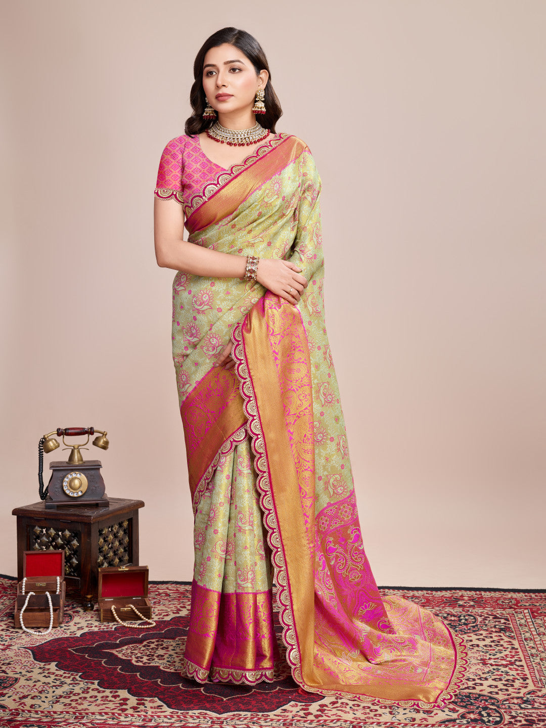 Pista green kanjivaram silk saree with zari weaving work