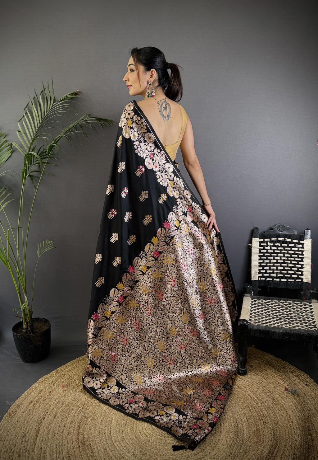 Black premium banarasi silk saree with meenakari zari weaving work