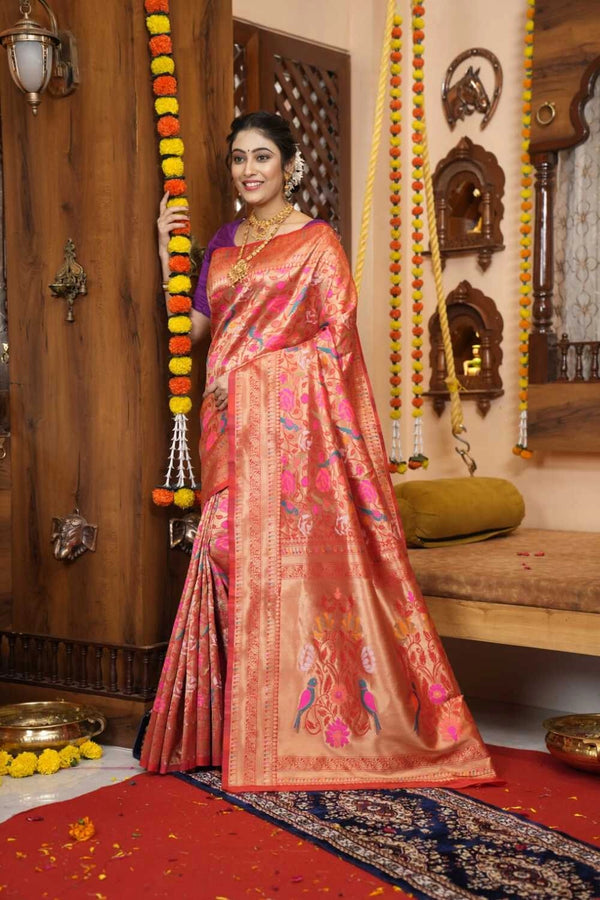 Red color paithani silk saree with zari weaving work