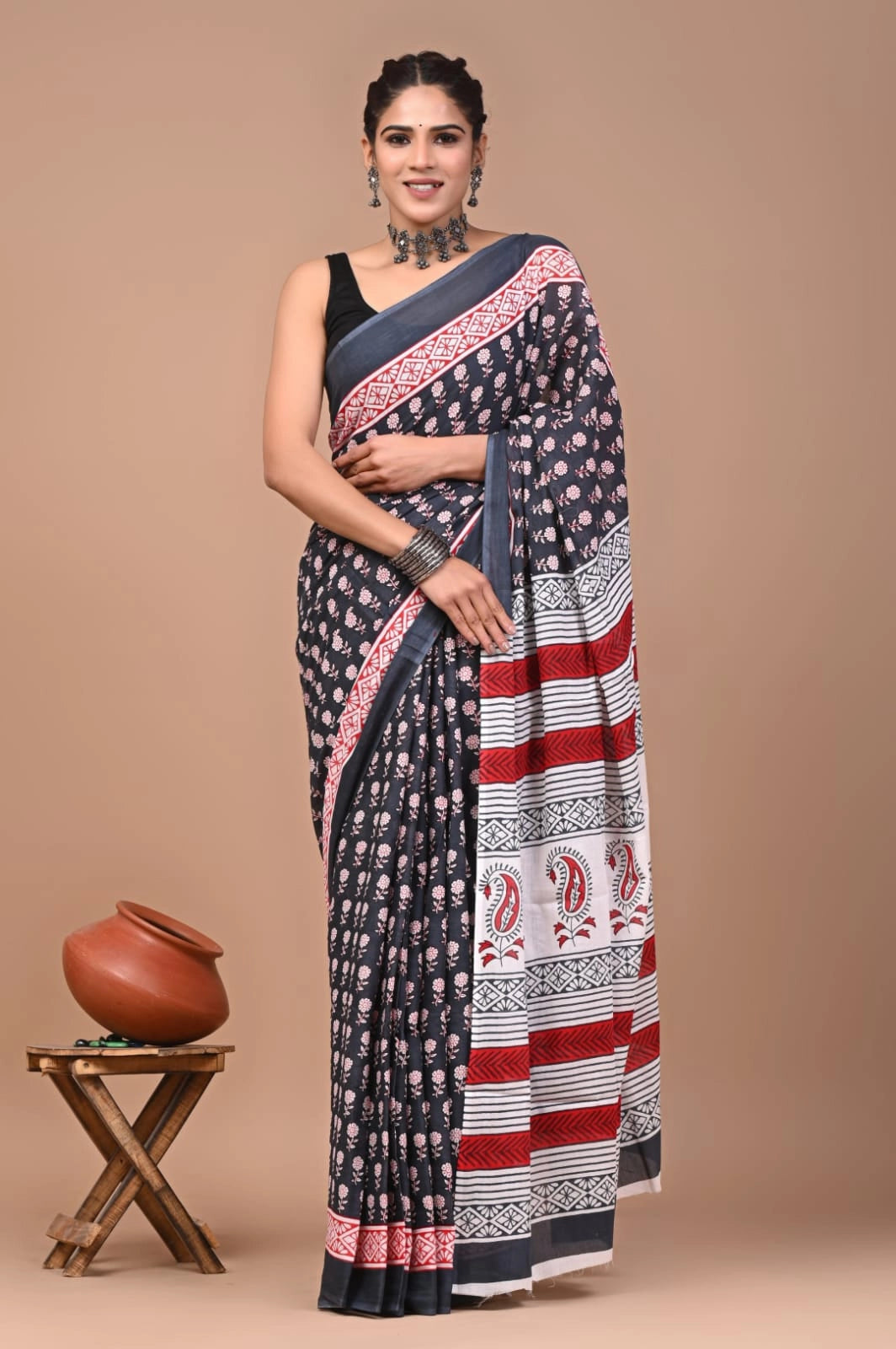 Multi pure mulmul cotton saree with bagru hand block printed work