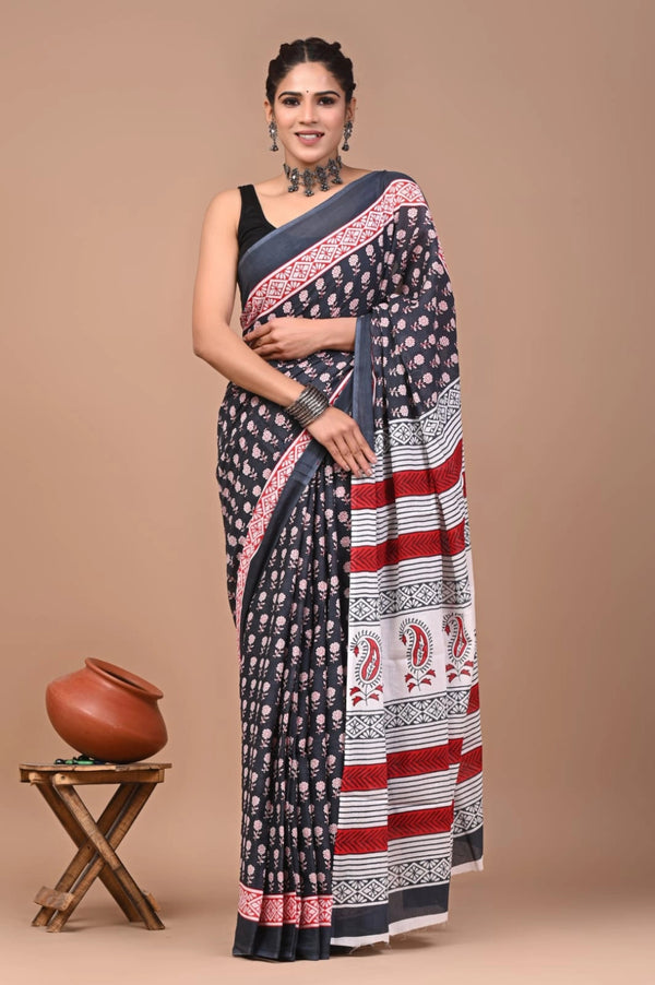 Multi pure mulmul cotton saree with bagru hand block printed work