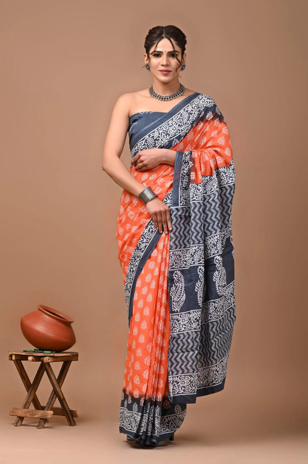 Multi pure mulmul cotton saree with bagru hand block printed work