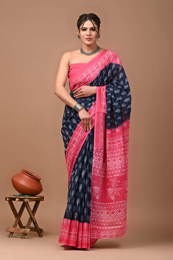 Multi pure mulmul cotton saree with bagru hand block printed work