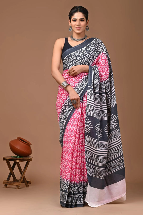 Multi pure mulmul cotton saree with bagru hand block printed work