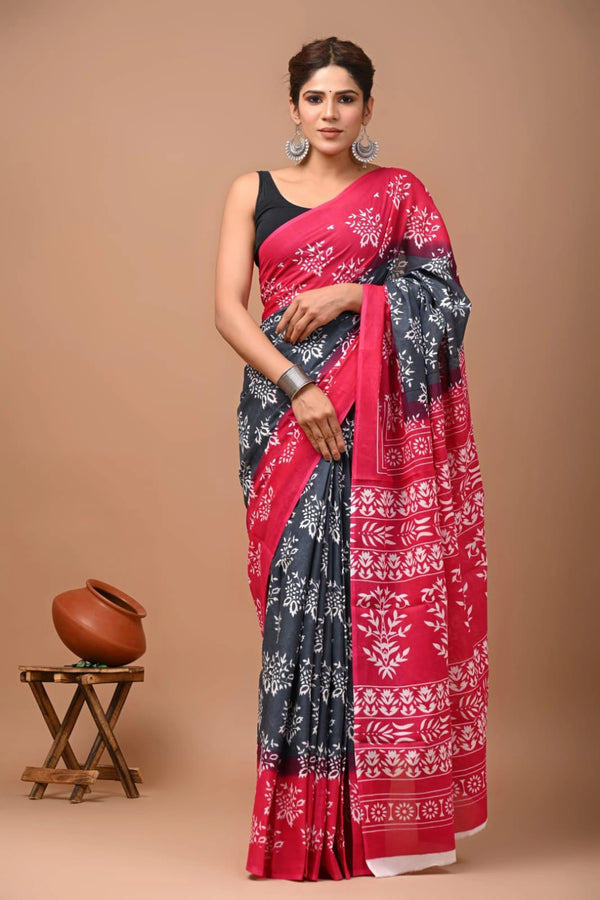 Multi pure mulmul cotton saree with bagru hand block printed work