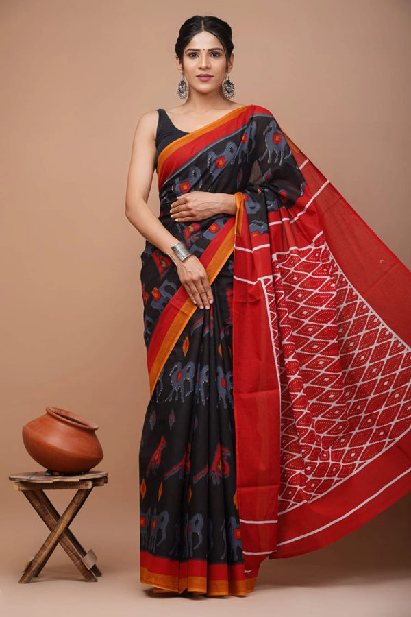 Multi pure mulmul cotton saree with bagru hand block printed work