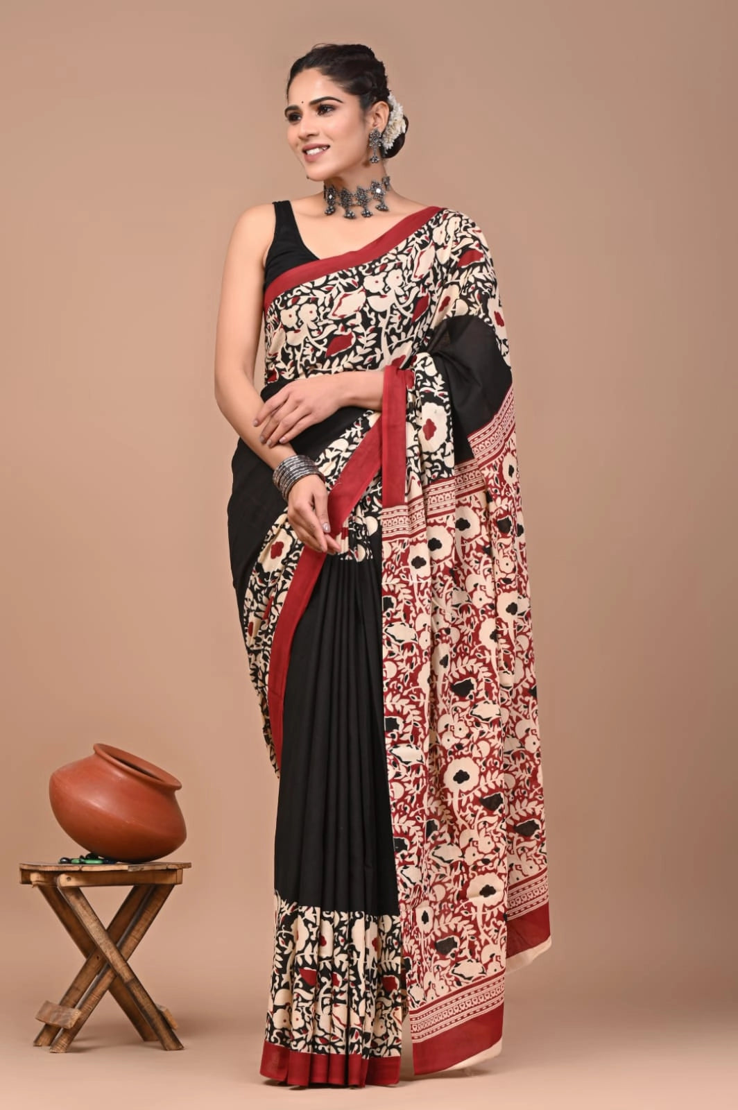 Multi pure mulmul cotton saree with bagru hand block printed work