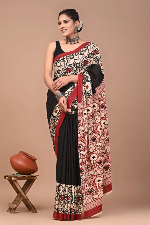 Multi pure mulmul cotton saree with bagru hand block printed work