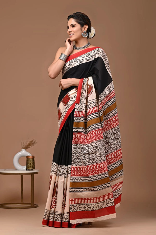 Multi pure mulmul cotton saree with bagru hand block printed work