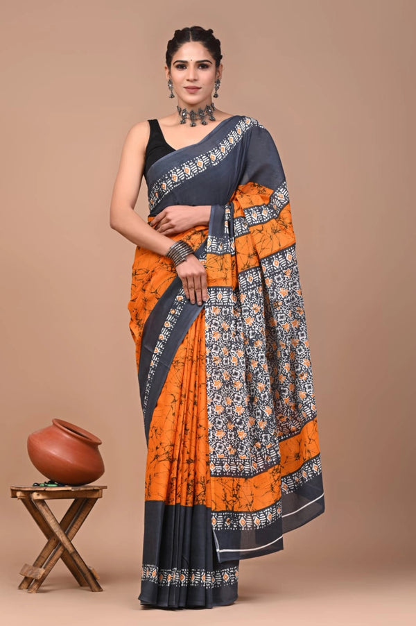 Multi pure mulmul cotton saree with bagru hand block printed work