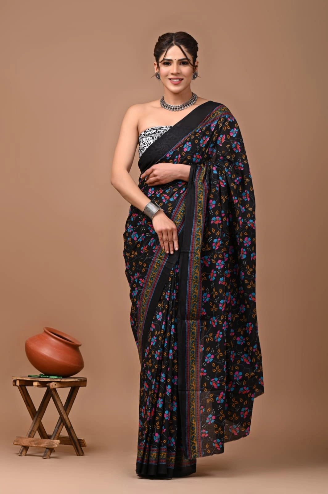 Multi pure mulmul cotton saree with bagru hand block printed work