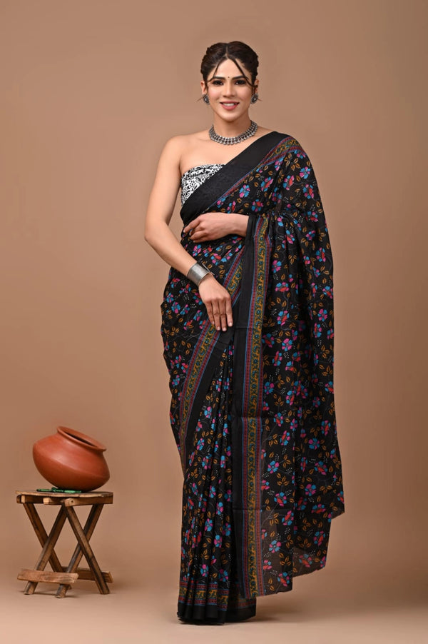 Multi pure mulmul cotton saree with bagru hand block printed work