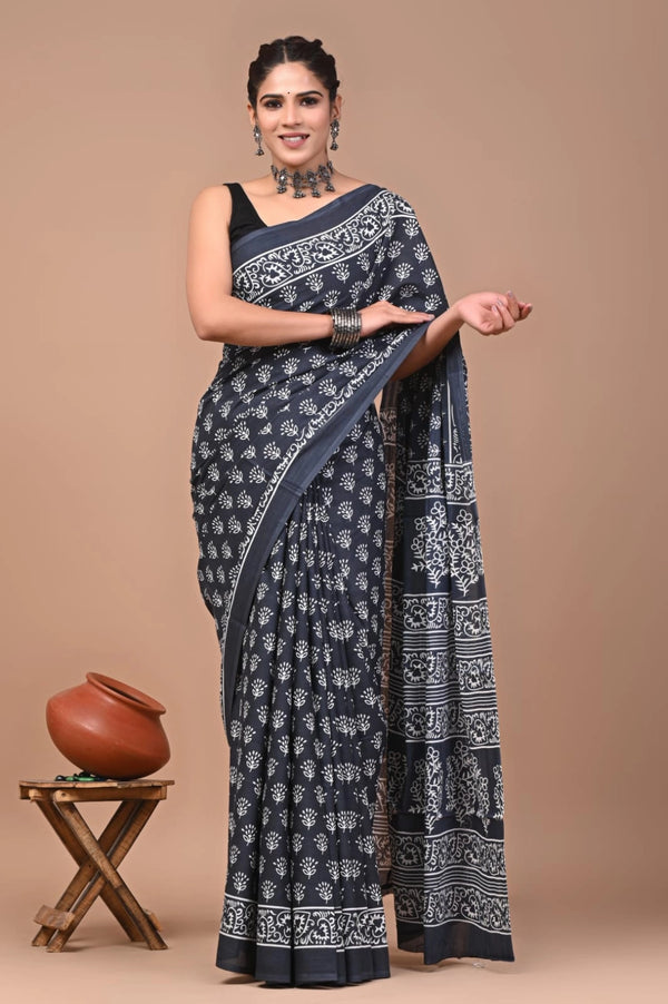 Black pure mulmul cotton saree with bagru hand block printed work
