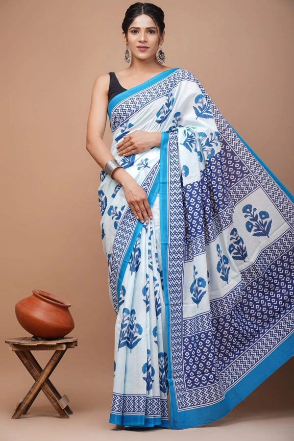 Multi pure mulmul cotton saree with bagru hand block printed work