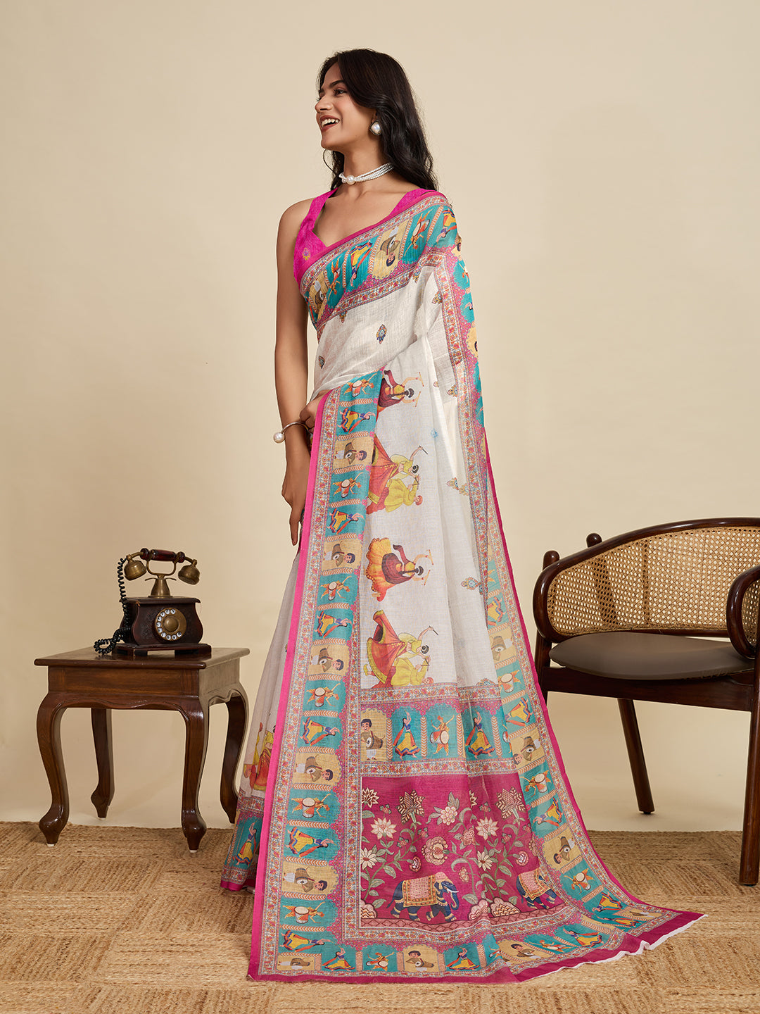 Off white linen cotton saree with digital printed work and silver zari border