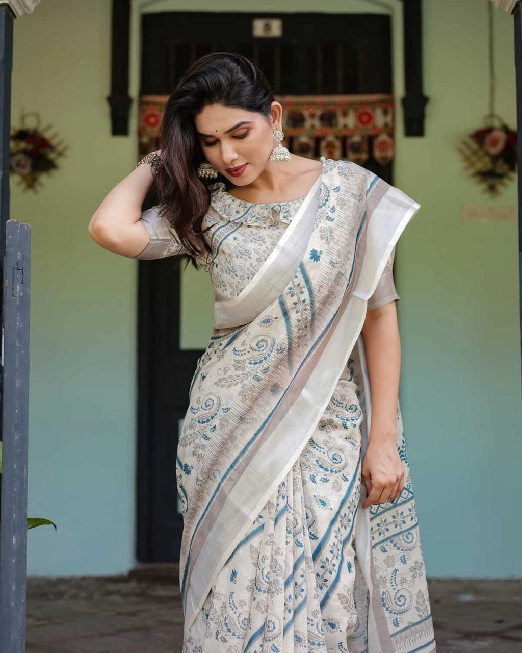 Multi summer special digital printed linen cotton saree