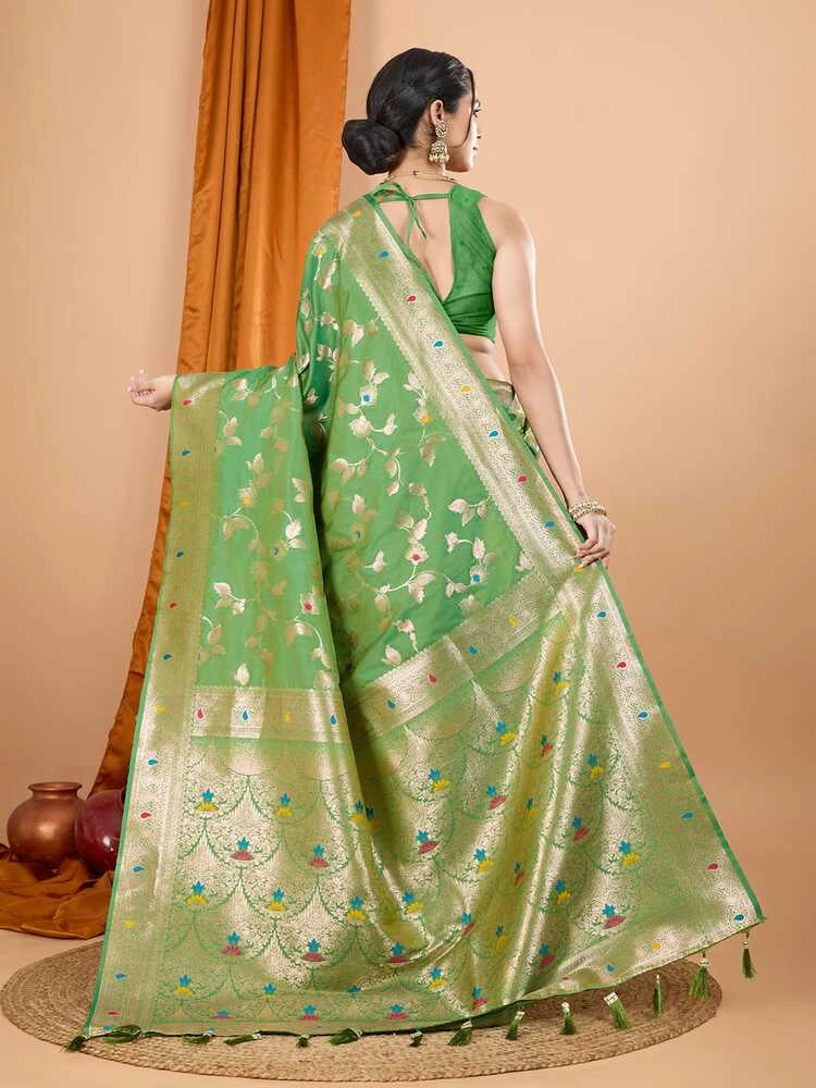 Pista green premium banarasi silk saree with meenakari zari weaving work