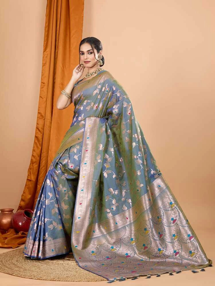 Rama green premium banarasi silk saree with meenakari zari weaving work