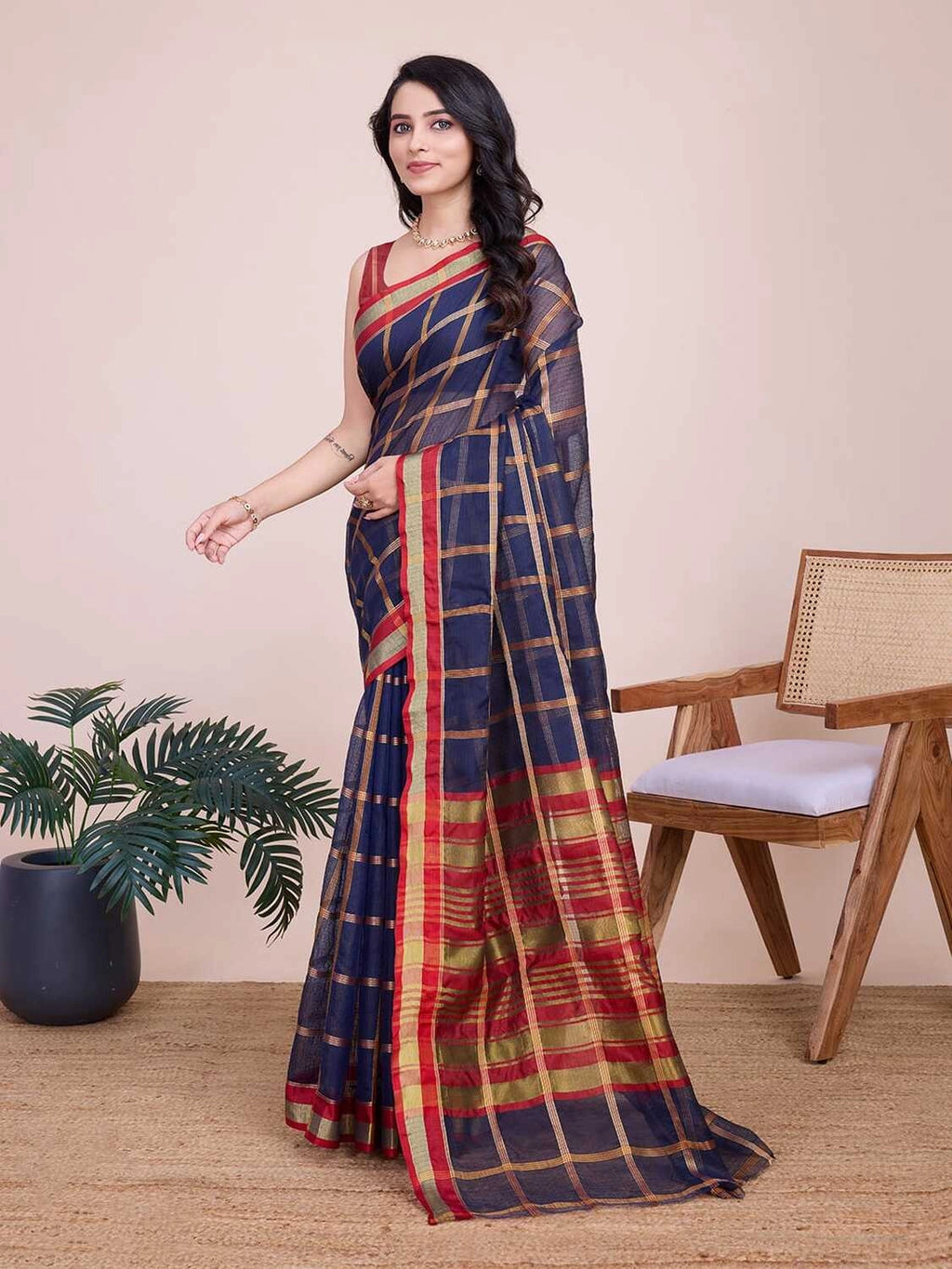 Navy blue kota doriya saree with zari weaving work