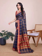 Navy blue kota doriya saree with zari weaving work