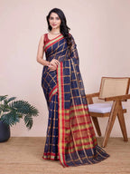 Navy blue kota doriya saree with zari weaving work
