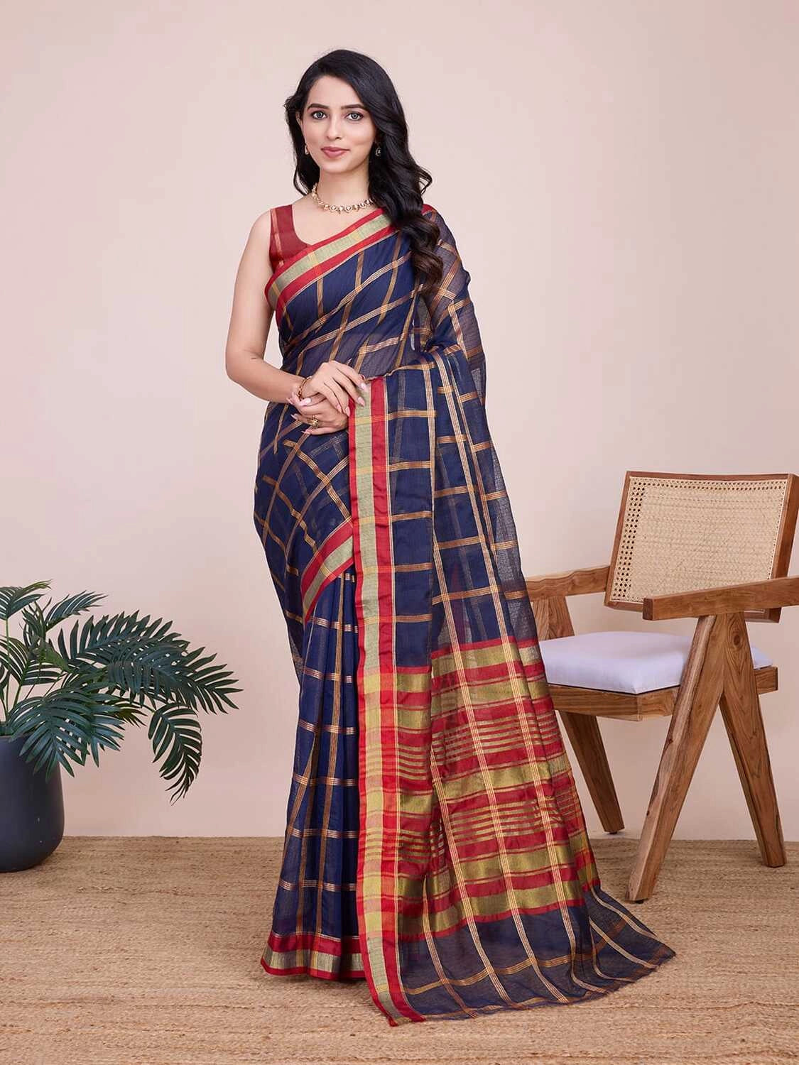 Navy blue kota doriya saree with zari weaving work