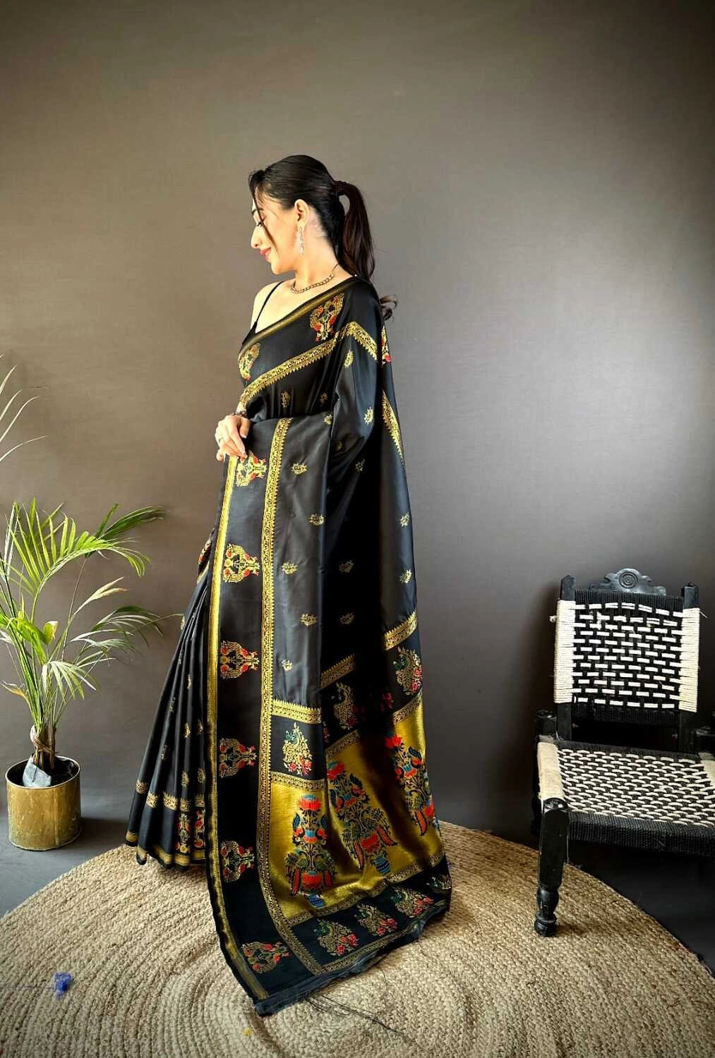 Black traditional paithani silk saree with meenakari zari weaving work