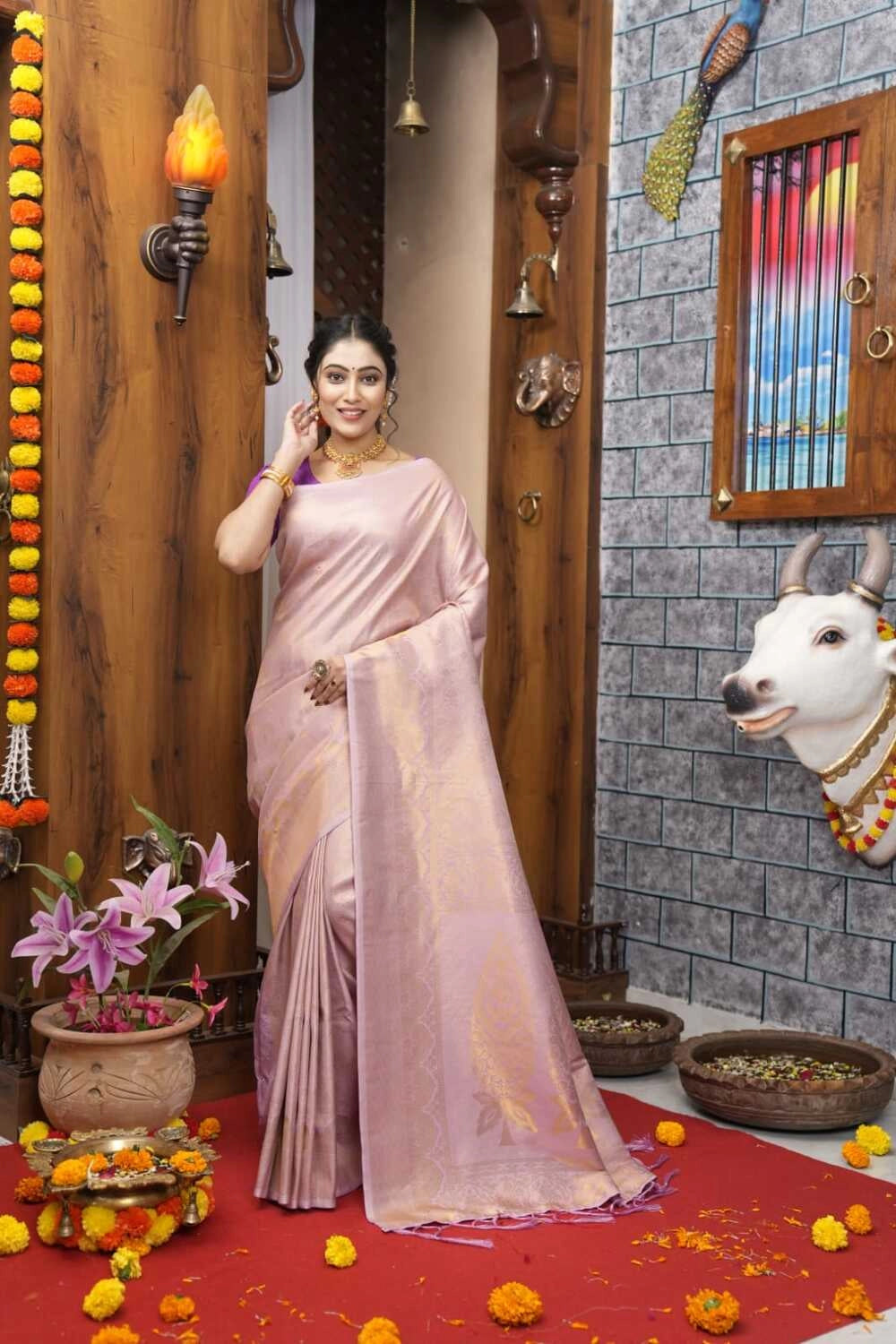 Lavender color kanjivaram silk saree with zari weaving work