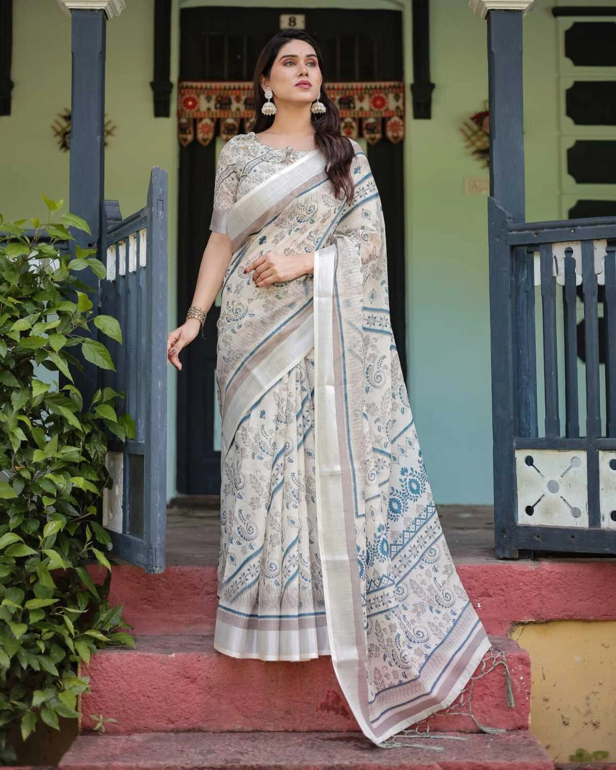 Multi summer special digital printed linen cotton saree