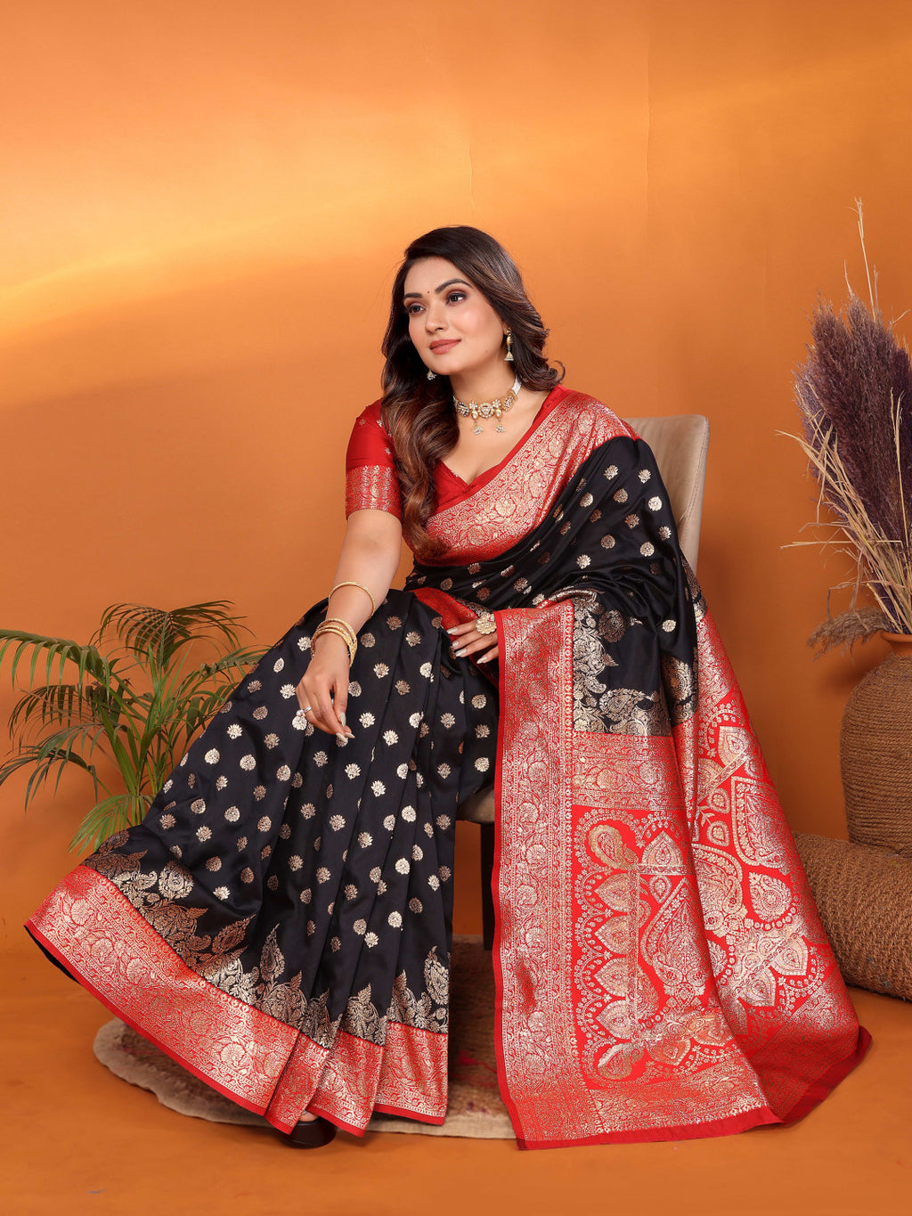 Black traditional banarasi silk saree with zari weaving work