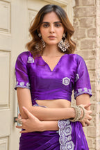Purple fancy shimmer chiffon saree with embroidery work